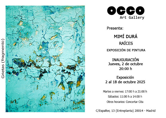 Exposición individual de pintura abstracta de Mimí Durá, Raíces. Puedes visitarla desde el 2 al 18 octubre 2025 en OCCO Art Gallery, Madrid.
