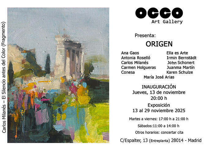 ORIGEN, exposición de pintura, escultura, arte digital y fotografía. Puedes visitarla desde el 13 al 29 de noviembre de 2025 en OCCO Art Gallery, Madrid